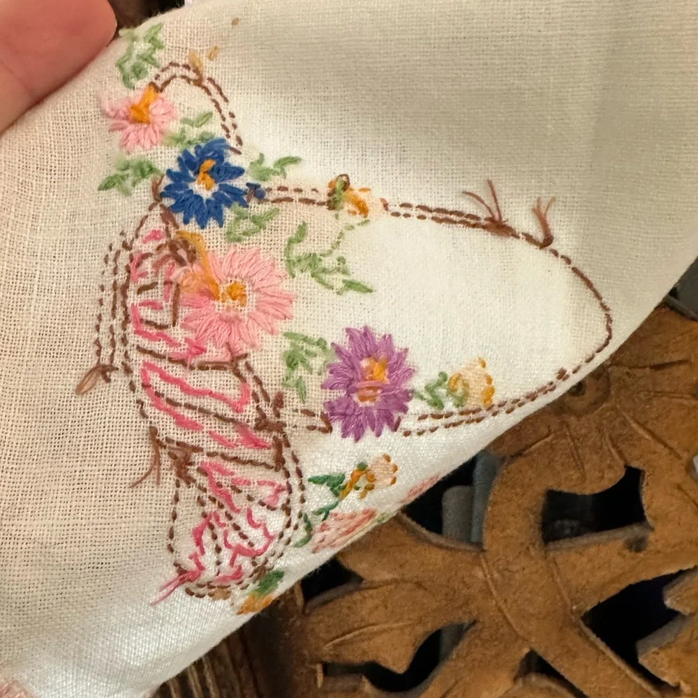 Vintage Pair of His and Hers Handmade Floral Embroidered Crocheted Hand Towels.